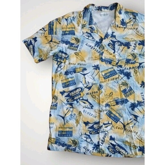 Columbia PFG Trollers Best Yellow Fish Print Hawaiian Fishing Shirt Sz XLT - Picture 2 of 7